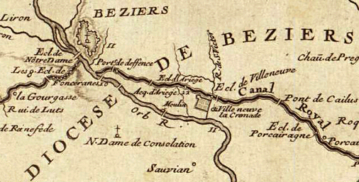 Un détail de la carte de Nolin qui montre l'écluse de Fonserannes, Béziers 
et la traversée de l'Orb par le Canal du Midi avant la construction du Pont Canal