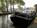 Il s'agit de la péniche verte et blanche, soulignée de rouge, déjà décrite sur une autre photo. Ici, la vue est de proue, dans l'ombre des platanes du Canal du Midi et en arrière plan, on aperçoit la petite ville de Trèbes noyée dans le soleil de l'été.