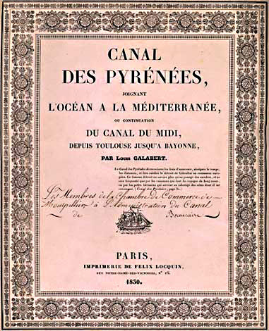 Page de couverture du rapport de Louis Galabert. On distingue la mention manuscrite :  
  Les membres de la chambre de commerce de Montpellier à l'administration du Canal de Beaucaire