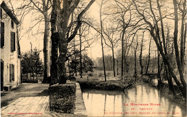 On distingue de face, la jonction de la Rigole de la Plaine et l'arrivée de la Rigole de la Montagne par le ruisseau Laudot