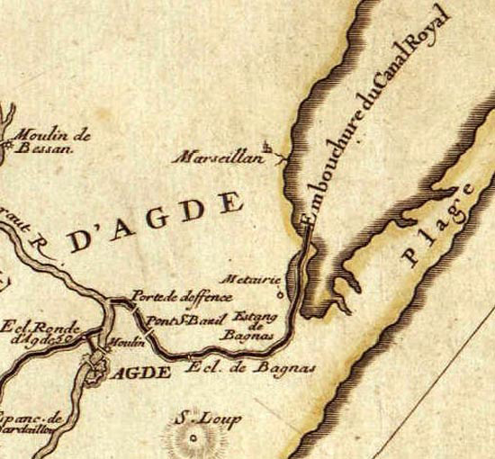 Carte ancienne du Canal du Midi, Agde et étang de Thau