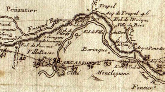 Carte ancienne du Canal du Midi, autour de Carcassonne