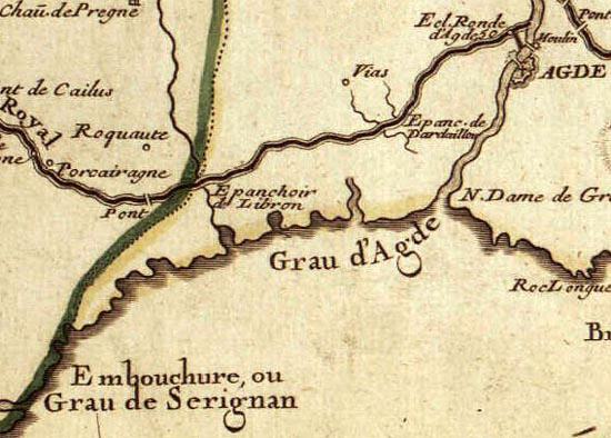 Carte ancienne du Canal du Midi, vers Agde