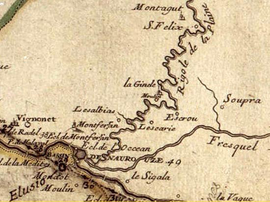 Carte ancienne du Canal du Midi, Lauragais