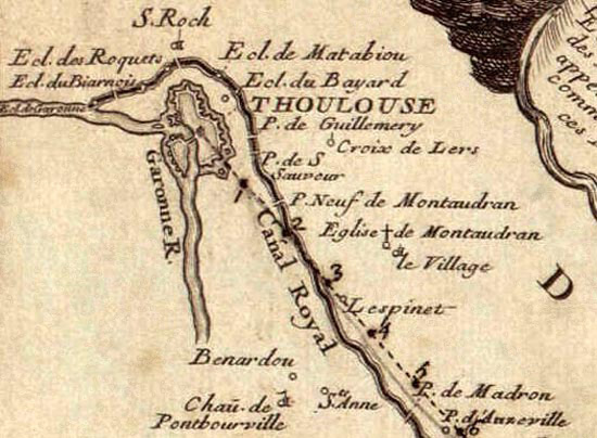 Carte ancienne du Canal du Midi, vers Toulouse