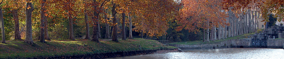 Le Canal du Midi&nbsp;: Vue d'amont des écluses Saint-Roch à Castelnaudary. Couleurs d'automne.