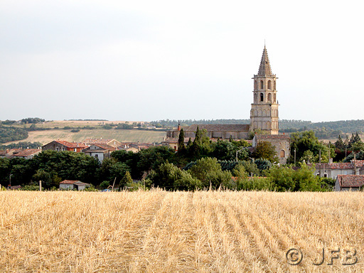 L'église d'Avignonet-Lauragais, vue du côté Sud à travers les chaumes, en plein été. Soleil très fort et ciel sans nuages.