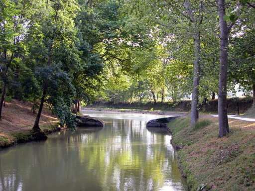 Embouchure de la rigole de la plaine sur le Canal du Midi. Sous les platanes et dans l'ombre de l'été, on voit la rigole de la plaine se déverser sur le bief de partage des eaux, situé au second plan.