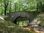 Sous les frondaisons : gros plan sur un petit pont qui enjambe la Rigole de la Montagne. Quelques feuilles de lierre sur les deux extrémités. Belle ombre d’été