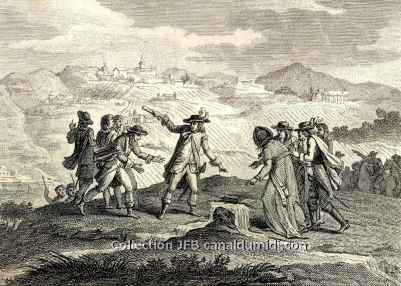 Une gravure représentant Pierre Paul Riquet à Naurouze, en train de découvrir la fontaine de la Grave, qui coule à la fois vers la Méditerranée et vers l'Océan
