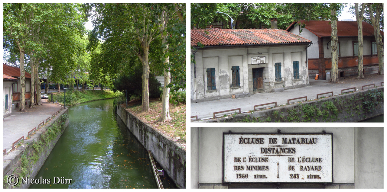 L'ancienne écluse Matabiau. Suite à la mise au même niveau des biefs Matabiau et Minimes en 1977, cette écluse a perdu sa fonction, et donc ses portes. Il ne reste plus que les quais et ce bel exemple de bâtiment du 19ème siècle.