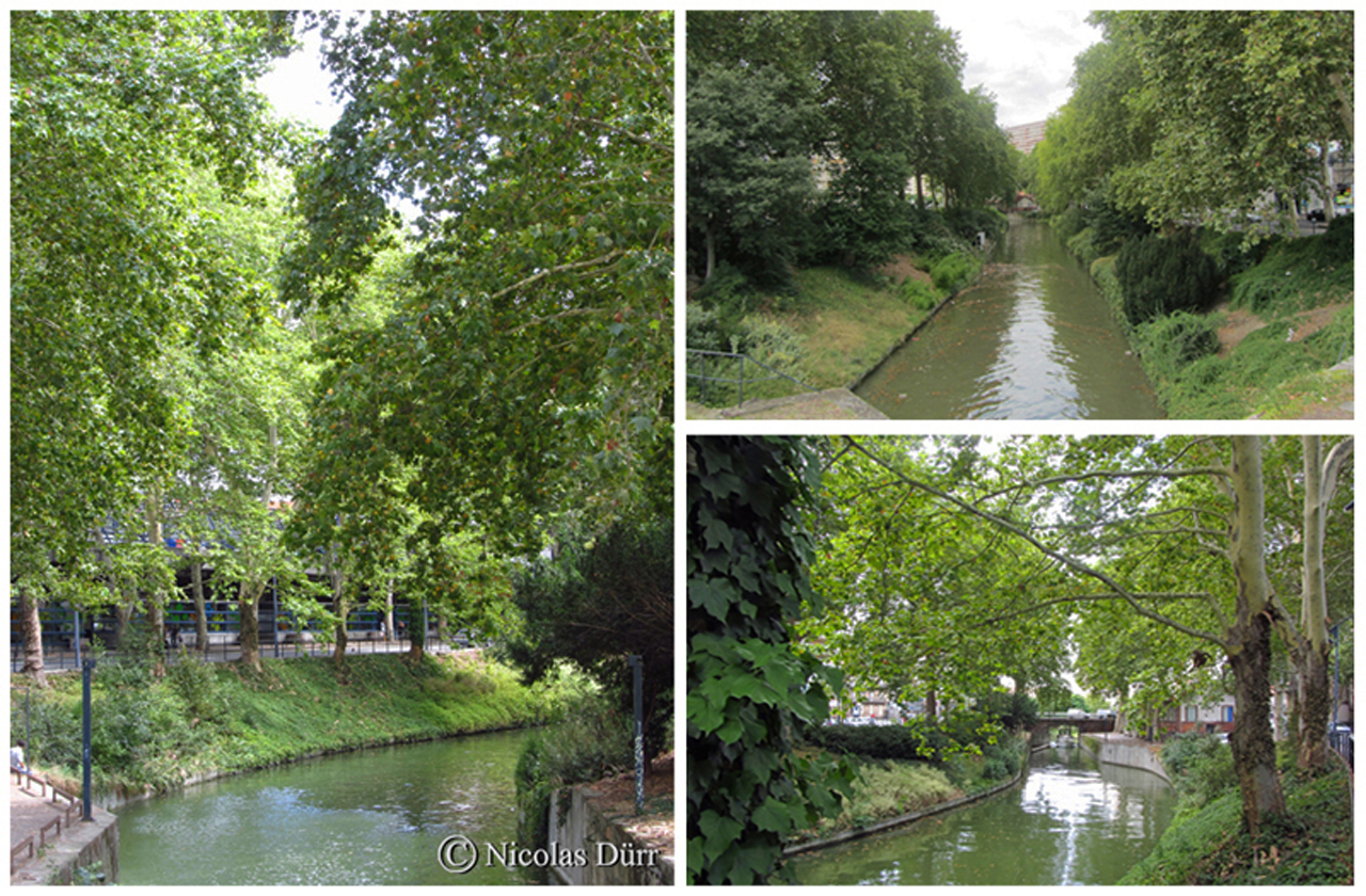 L'ancien bief Matabiau, long de 0 km 283, cet ancien 3ème bief du Canal du Midi mène le navigant jusqu'au pied de la gare éponyme, A noter, l'étroitesse du cours d'eau à cet endroit.