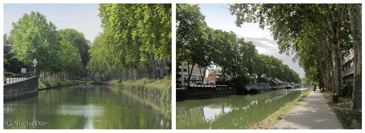 A l'Est de Toulouse, progression du Canal du Midi vers les chantiers du Radoub (ateliers de construction et de réparation des bateaux . Il existe un autre endroit de ce type à Castelnaudary).