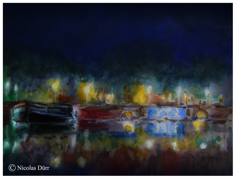 Aquarelle nocturne des Ponts Jumeaux (1)