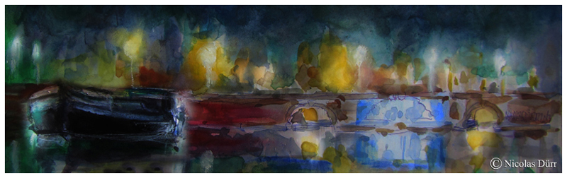 Aquarelle nocturne des Ponts Jumeaux (2)