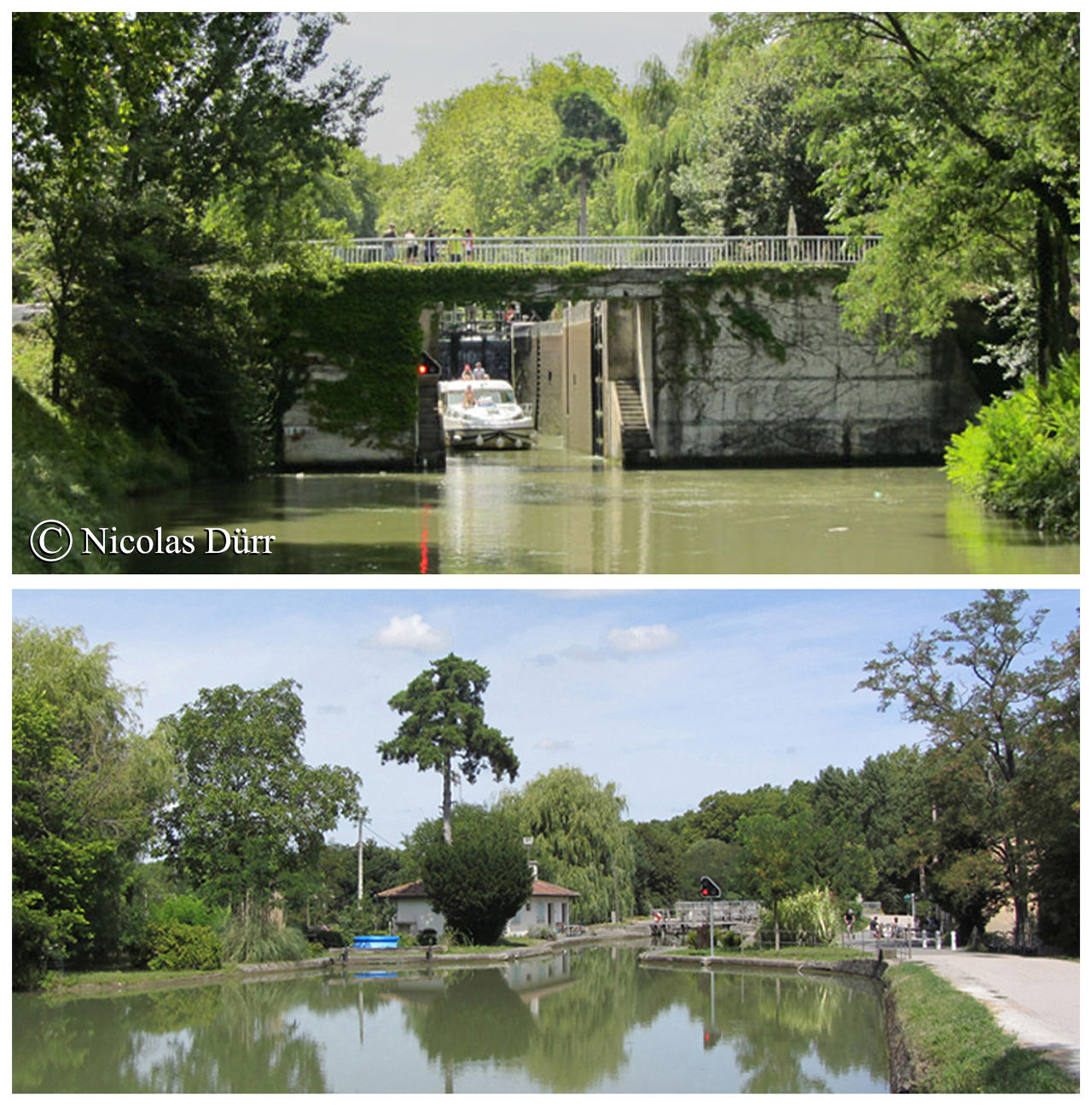 L'écluse de Castanet, 1673, remaniée en 1978, à bassin simple (anciennement à bassins doubles),15 km 715 de la Garonne. Altitude 148 m. Commune : Castanet Tolosan. 4e écluse sur le Canal à franchir par les navigants depuis son extrèmité occidentale à Toulouse. Nombre de communes traversée depuis l'extrèmité occidentale du canal jusqu' à l'extrèmité du bief : 4.