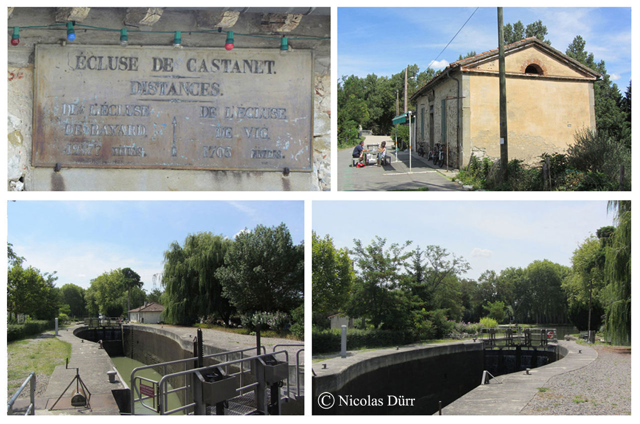 L'écluse de Castanet 1ère écluse au bassin à bajoyers élliptiques, sa maison, sa plaque ... et son pavillon préfabriqué (en données 2012).