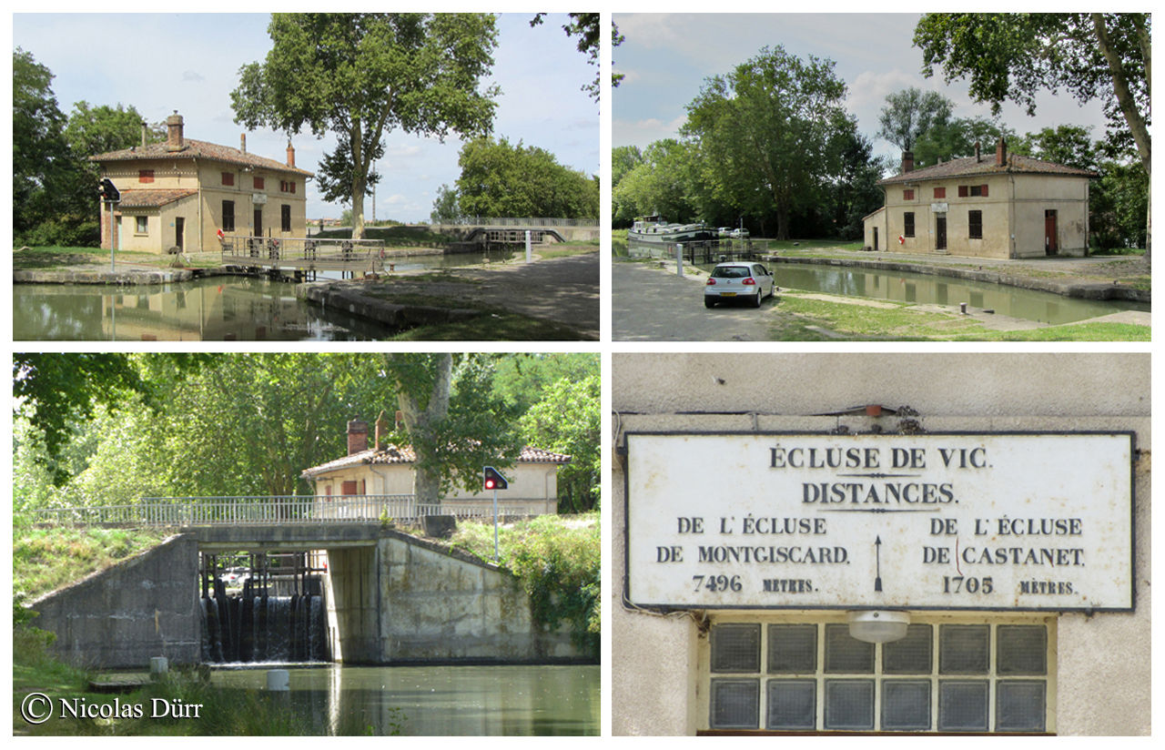L'écluse de Vic, 1673 et remaniée en 1965, à bassin simple, 17 km 42 de la Garonne. Altitude 151 m. Commune : Castanet Tolosan 5e écluse sur le Canal à franchir par les navigants depuis son extrèmité occidentale à Toulouse.