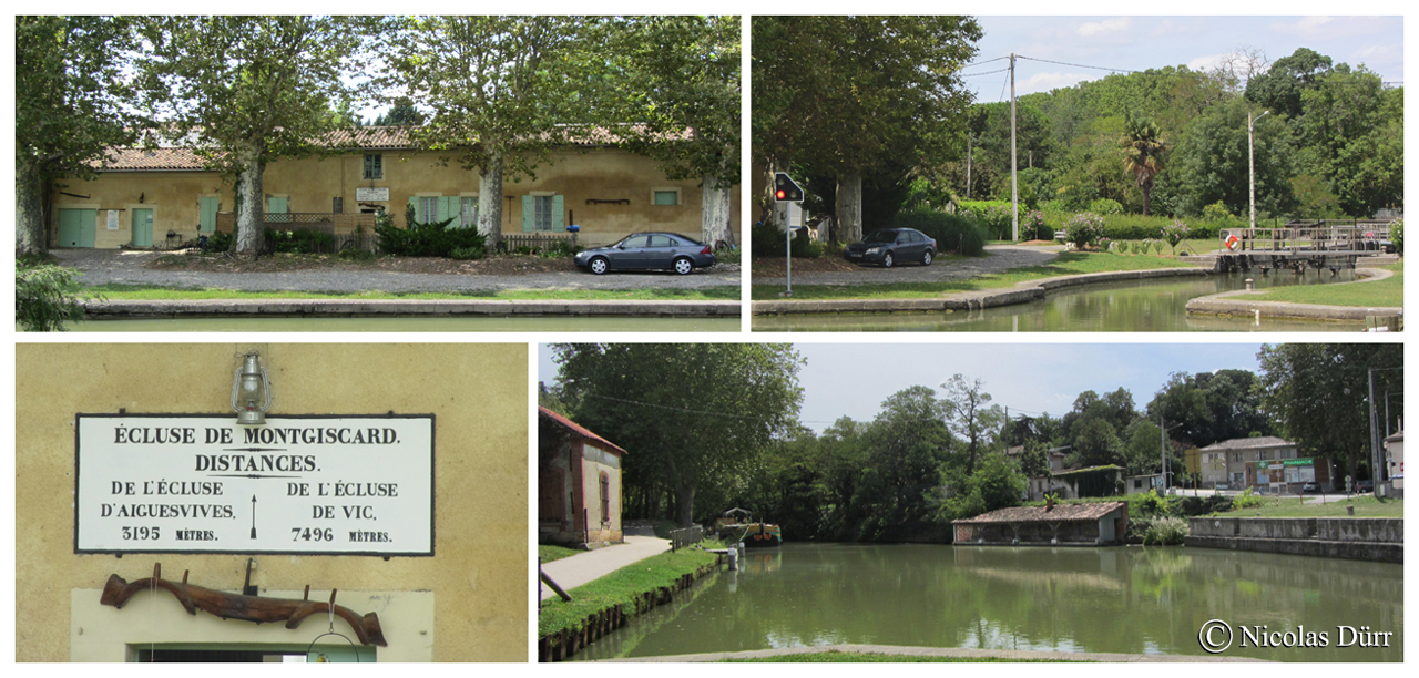 L'écluse de Montgiscard, 1673 et remaniée en 1978, à bassin simple (anciennement à bassins doubles) : 24 km 915 de la Garonne. Altitude 157 m. Commune : Montgiscard. 6e écluse sur le Canal à franchir par les navigants depuis son extrèmité occidentale à Toulouse.