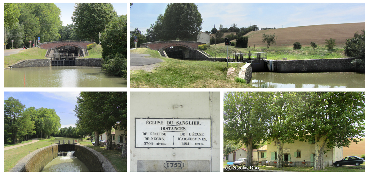 L'écluse du Sanglier, 1673, bassins doubles, 29 km 612 de la Garonne. Altitude 163 m. Commune : Ayguevives. 8e écluse sur le Canal à franchir par les navigants depuis son extrèmité occidentale à Toulouse.