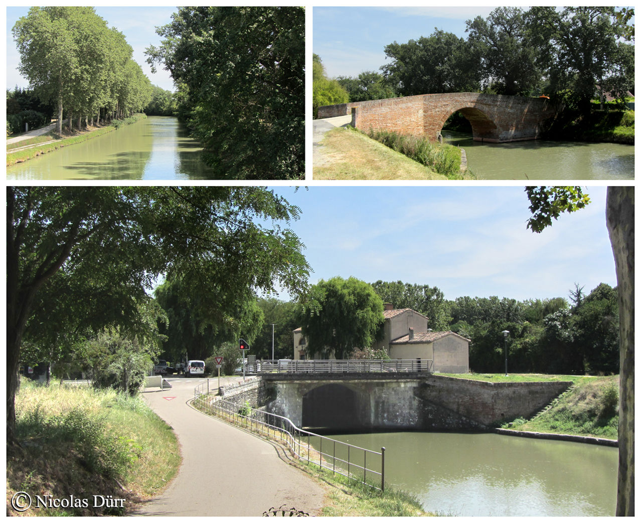 Sur le bief du Sanglier, le pont d'En Serny,ou de Montesquieu, 17ème siècle et remanié en 1890. Sur l'image du bas, arrivée sur l'écluse de Negra.