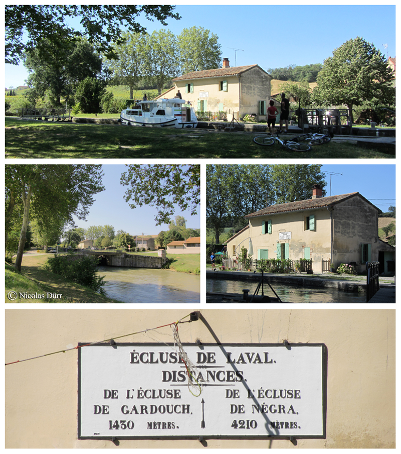 Ecluse de Laval (1673) : 37 km 525 de la Garonne. Altitude : 170 m. Commune : Gardouch. 10e écluse sur le Canal à franchir par les navigants depuis son extrèmité occidentale à Toulouse.