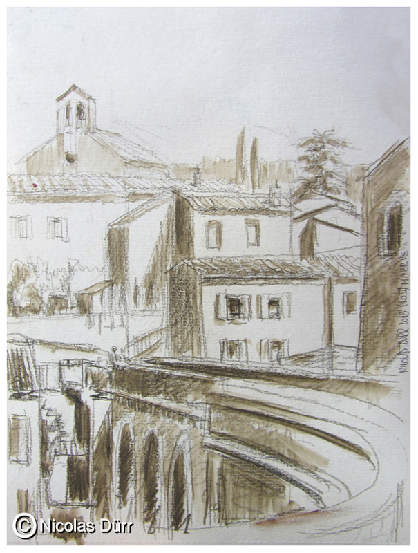 Le pont de Minerve. Crayon aquarellable.