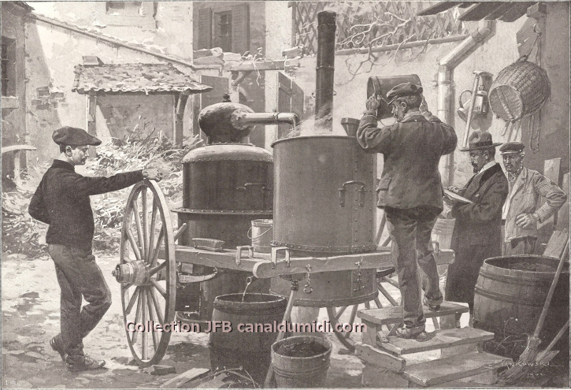 Les bouilleurs de cru en action, sous l'oeil vigilant d'un contrôleur des contributions indirectes.