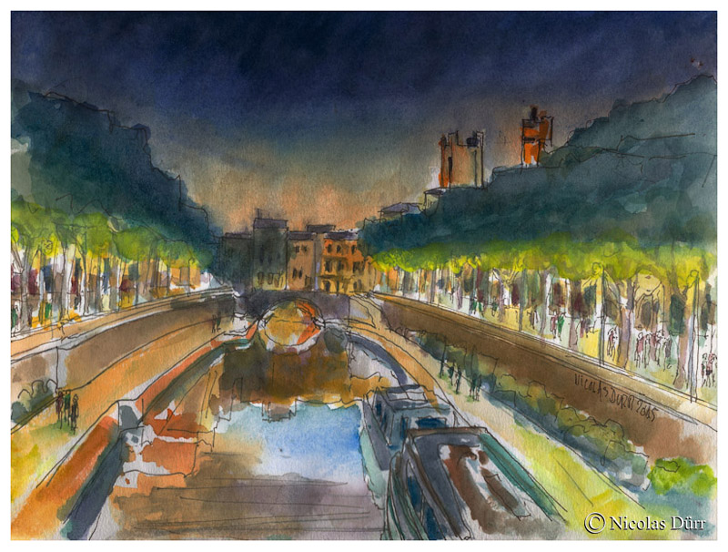 Aquarelle nocturne sur le versant Est du Pont des Marchands, 2015