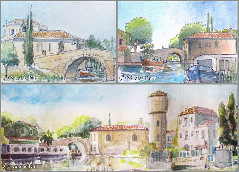 2 aquarelles en amont et 1 en aval du pont au Somail,2015