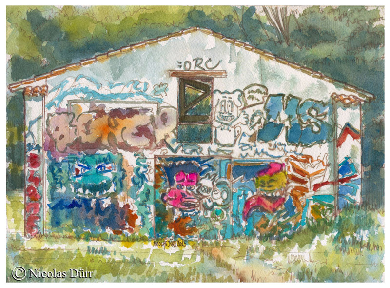 Tags sur un pignon de bâtiment, mai 2015, aquarelle