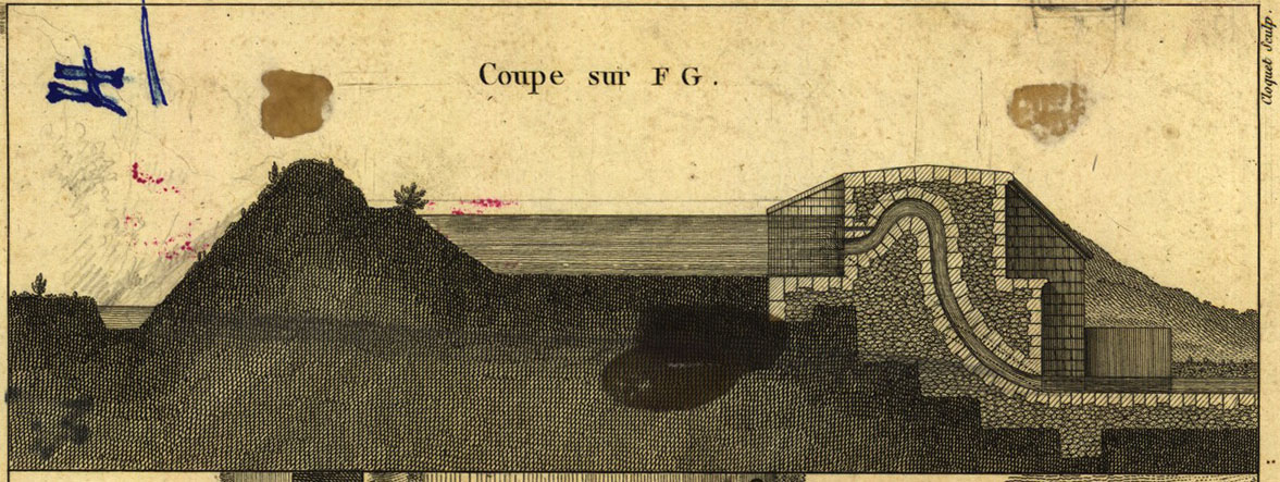 L'épanchoir à siphon de Ventenac, où l'on observe en coupe, comment l'eau excédentaire peut être évacuée du canal au moyen d'un siphon. Il s'agit là d'une très belle archive, reprise de nombreuses fois dans des livres à ce sujet. on observe bien la courbe du siphon, parfaitement adaptée au niveau optimal du canal