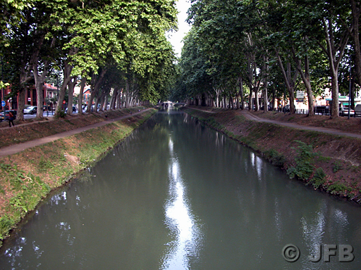 Perspective sur le Canal de Brienne, très ombragé. Prise de vue depuis l'un des ponts jumeaux