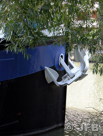 Une péniche bleue et noire, avec une ancre blanche, est amarrée sur le Canal du Midi à Toulouse, sous un saule. On ne distingue que la proue. Le feuillage complète le décor